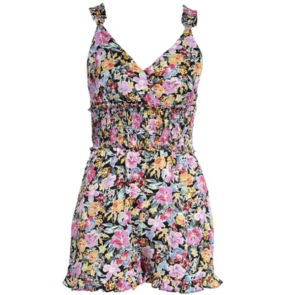 Floret Studios SMOCKED FLORAL ROMPER IN BLACK PINK FLORAL Size XL - Picture 8 of 8